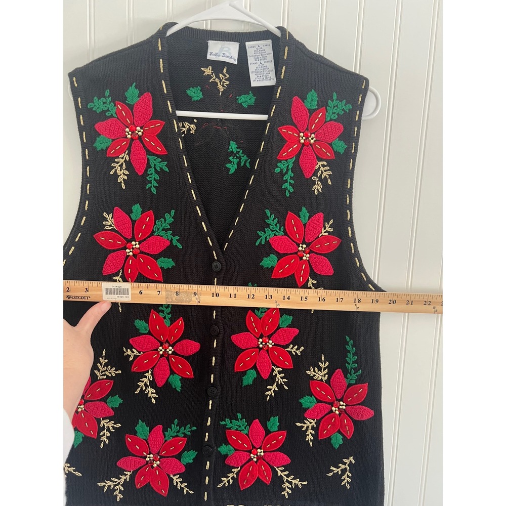 Bobbie Brooks Christmas Sweater Vest Large Black Poinsettia Beaded Holiday - Picture 8 of 8